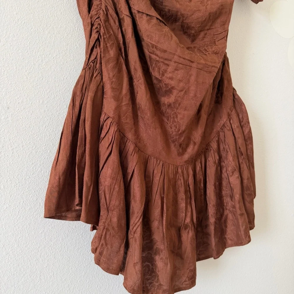 NWT ByTimo Jacquard Chocolate Brown Floral Ruched Ruffled Georgette Mini Dress - Picture 7 of 15
